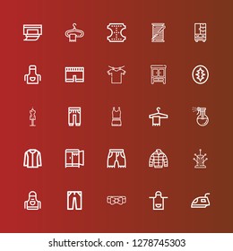 Editable 25 cloth icons for web and mobile. Set of cloth included icons line Iron, Apron, Bow tie, Jeans, Pincushion, Jacket, Shorts, Wardrobe, Washing, Hanger, Clothes on red