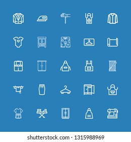 Editable 25 cloth icons for web and mobile. Set of cloth included icons line Sewing, Apron, Wardrobe, Iron, Clothes, Hanger, Skirt, Clothes hanger, Thread spool on blue background