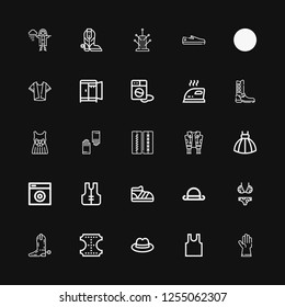 Editable 25 clothing icons for web and mobile. Set of clothing included icons line Gloves, Sleeveless, Hat, Leather, Boot, Bikini, Bowler, Shoe, Lifejacket on black background