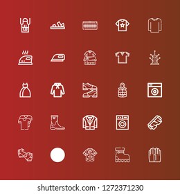 Editable 25 clothing icons for web and mobile. Set of clothing included icons line Gloves, Boots, Shirt, Safety glasses, Washing machine, Jacket, Boot, Shoes, Hoodie, Dress on red