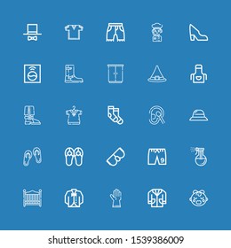 Editable 25 clothing icons for web and mobile. Set of clothing included icons line Baby girl, Lab coat, Gloves, Vest, Baby bed, Washing, Shorts, Goggles, Sandals on blue background
