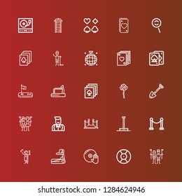 Editable 25 club icons for web and mobile. Set of club included icons line Golfer, DJ, Treadmill, Toga, Red carpet, Pole dance, Croupier, Spade, Mace, Poker, Golf, Playing cards on red