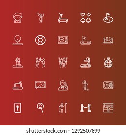 Editable 25 club icons for web and mobile. Set of club included icons line Pub, Red carpet, Golfer, Dodge, Mahjong, Turntable, Barman, Pool table, Treadmill, Mirror ball on red