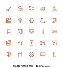 Editable 25 club icons for web and mobile. Set of club included icons line Golfer, Pool table, DJ, Juventus, Pub, Red carpet, Mahjong, Golf, Playing cards on white background