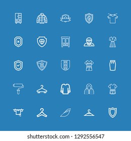 Editable 25 coat icons for web and mobile. Set of coat included icons line Shield, Clothing hanger, Iberia, Hanger, Clothes hanger, Clothes, Coat, Sweatshirt on blue background