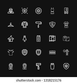 Editable 25 coat icons for web and mobile. Set of coat included icons line Shield, Skirt, Paint roller, Eskimo, Raincoat, Wardrobe, Clothes hanger, Clothes on black background