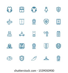Editable 25 coat icons for web and mobile. Set of coat included icons line Eskimo, Clothing hanger, Iberia, Shield, Clothing, Coat, Bodyguard, Trousers, Raincoat on white background