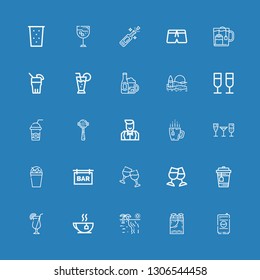 Editable 25 cocktail icons for web and mobile. Set of cocktail included icons line Drink, Ice bucket, Beach, Tea, Cocktail, Toast, Cheers, Bar, Milkshake, Stemware on blue background