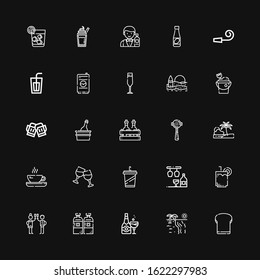 Editable 25 cocktail icons for web and mobile. Set of cocktail included icons line Toast, Beach, Champagne, Alcoholic drink, Drink, Bar, Beverage, Cheers, Tea on black background