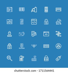 Editable 25 code icons for web and mobile. Set of code included icons line Tag, Padlock, Coding, Barcode, Bug, Search engine, Padlocks, Dna, Password, House key on blue background