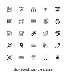 Editable 25 code icons for web and mobile. Set of code included icons line Barcode, Tag, Unlocked, Fingerprint scan, Safety box, Scan, Padlock, Password, Lock on white background