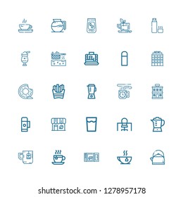 Editable 25 coffee icons for web and mobile. Set of coffee included icons line Kettle, Tea, Microwave oven, Tea cup, Blender, Office, Drink, Coffee shop, Thermo on white background