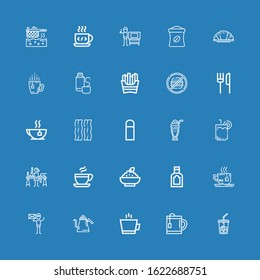 Editable 25 coffee icons for web and mobile. Set of coffee included icons line Ice coffee, Tea, Kettle, Graphic designer, Food, Porridge, Candle making on blue background