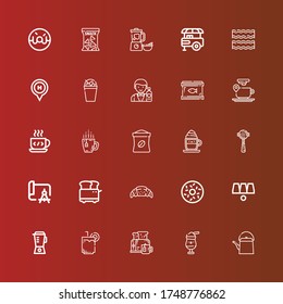 Editable 25 coffee icons for web and mobile. Set of coffee included icons line Teapot, Milkshake, Breakfast, Drink, Blender, Cups, Doughnut, Croissant, Toaster, Drawing on red
