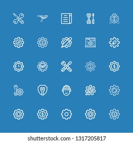 Editable 25 cog icons for web and mobile. Set of cog included icons line Cogwheel, Settings, Gear, Setting, Engineering, System, Development, Draft, Saddle on blue background