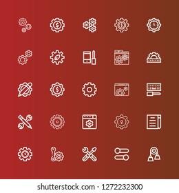 Editable 25 cogwheel icons for web and mobile. Set of cogwheel included icons line Pulley, Settings, Setting, Draft, Gear, Configuration, Cogwheel on red