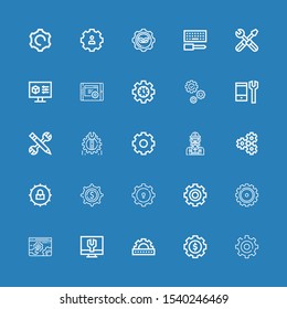 Editable 25 cogwheel icons for web and mobile. Set of cogwheel included icons line Setting, Settings, Cogwheel, Gear, Engineer, Configuration on blue background