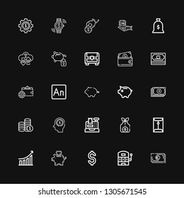 Editable 25 coin icons for web and mobile. Set of coin included icons line Cash, Slot machine, Dollar, Piggy bank, Performance, Coin, Money bag, Cash register on black background