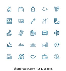 Editable 25 coin icons for web and mobile. Set of coin included icons line Dollar, Wallet, Piggy bank, Cash register, Investment, Currency exchange, Coin, Gold on white background