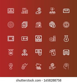 Editable 25 coin icons for web and mobile. Set of coin included icons line Money, Piggy bank, Donate, Money tree, Chest, Bitcoin, Bank, Money bag, Coin, Wallet, Dollar on red