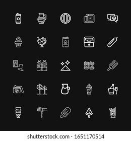 Editable 25 cold icons for web and mobile. Set of cold included icons line Lemonade, Popsicle, Ice cream, Handkerchief, Ice bucket, Ice coffee, Wind, Cream on black background