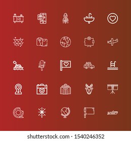 Editable 25 collection icons for web and mobile. Set of collection included icons line Boat, Flag, Globe, Fireworks, Donut, Drum, Deer, Casino, Camera, Clocks, Swim, Car on red