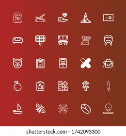 Editable 25 collection icons for web and mobile. Set of collection included icons line Golf, Pistachio, Glow, Moth, Sailing boat, Sabre, Birdhouse, Pantone, Clipboard, Orange on red