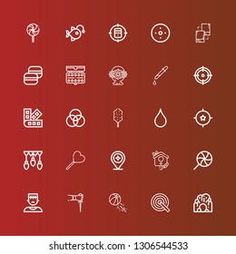 Editable 25 colorful icons for web and mobile. Set of colorful included icons line Cave, Target, Beach ball, Sai, Monster, Lollipop, Bird house, Garlands, Blur, Cotton candy on red