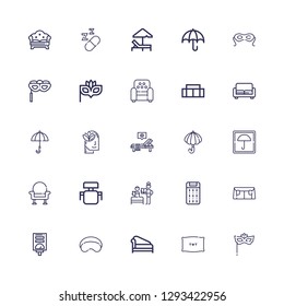 Editable 25 comfort icons for web and mobile. Set of comfort included icons line Eye mask, Pillow, Divan, Sleeping mask, Water heater, Sofa, Mattress, Bedtime on white background