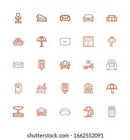Editable 25 iconos de confort para web y móvil. Conjunto de comodidades incluido íconos línea Mattress, Paraguas, Máscara durmiente, Sofá, Geyser, Calefactor de agua, Bedtime, Relájese sobre fondo blanco
