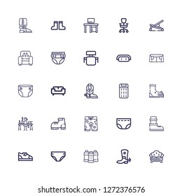 Editable 25 comfortable icons for web and mobile. Set of comfortable included icons line Sofa, Boot, Acrylic, Diaper, Boots, Shorts, Candle making, Mattress on white background