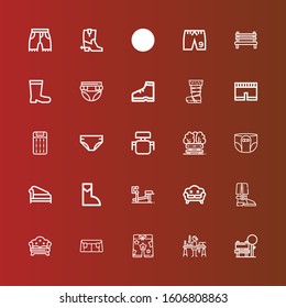 Editable 25 comfortable icons for web and mobile. Set of comfortable included icons line Bench, Candle making, Shorts, Sofa, Boot, Divan, Diaper, Desk chair, Mattress, Short on red