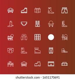 Editable 25 comfortable icons for web and mobile. Set of comfortable included icons line Sofa, Short, Boot, Candle making, Sweatpants, Boots, Diaper, Bellhop, Blanket, Armchair on red