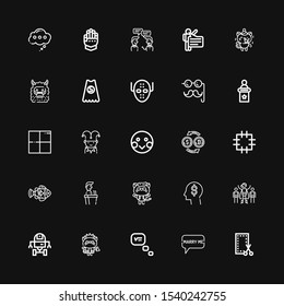 Editable 25 comic icons for web and mobile. Set of comic included icons line Patch, Speech bubble, Thinking, Kitty, Space robot, Superhero, Think, Speech, Clown fish on black background