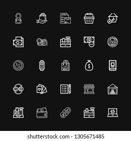 Editable 25 commerce icons for web and mobile. Set of commerce included icons line Shopping online, Cash register, Money, Wallet, Storehouse, Store, Shopping list on black background