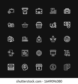Editable 25 commerce icons for web and mobile. Set of commerce included icons line Invoice, Coin, Shop, Money, Trolley, Ecommerce, Dollar, Online shop, Online store on black background