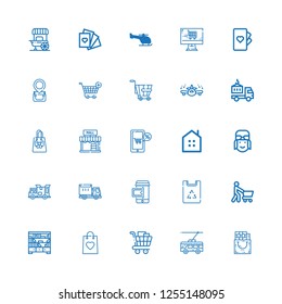 Editable 25 commercial icons for web and mobile. Set of commercial included icons line Gift bag, Trolley, Shopping cart, Bag, Shelves, Shopping, Paper bag on white background