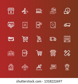 Editable 25 commercial icons for web and mobile. Set of commercial included icons line Pilot, Online shopping, Landing, Aeroplane, Shopping bag, Chewing gum, Delivery truck on red