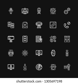 Editable 25 communication icons for web and mobile. Set of communication included icons line Camcorder, Mobile, Planet, Spirits, Monitor, Smartphone, Smartwatch on black background
