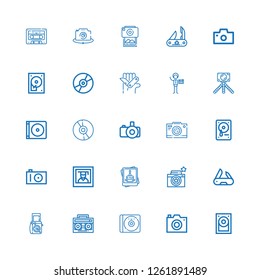 Editable 25 compact icons for web and mobile. Set of compact included icons line Hard disk, Photo camera, Cd, Radio cassette, Swiss army knife, Photography on white background