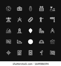 Editable 25 compass icons for web and mobile. Set of compass included icons line Compass, Explorer, Navigation, Blueprint, Windrose, Sea, Protractor, Penknife on black background