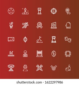 Editable 25 competition icons for web and mobile. Set of competition included icons line Bowling, Medal, Darts, Sumo, Trophy, Laurel, Rugby ball, Volleyball, Swim, Gloves on red