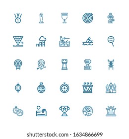 Editable 25 competition icons for web and mobile. Set of competition included icons line Success, Holden, Trophy, Swimming pool, Stopwatch, Winning, Stadium on white background