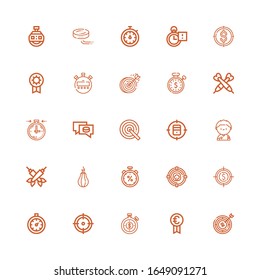 Bearbeitbar 25 wettbewerbsfähige Icons für Web und Mobile. Auswahl an konkurrenzfähigen Inkonikonen der Linie Ziel, Preis, Stoppuhr, Stopuhr, Stunchball, Darts, Fußballspieler auf weißem Hintergrund