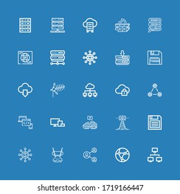 Editable 25 computing icons for web and mobile. Set of computing included icons line Network, Antenna, Networking, Diskette, Neural, Devices, Cloud computing on blue background