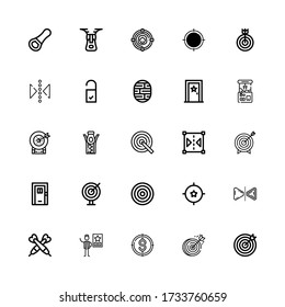Editable 25 iconos conceptuales para web y móvil. Conjunto de iconos conceptuales incluidos línea Target, Dartboard, Famous, Darts, Reflect, Door, Zipper, Claw machine on white Background