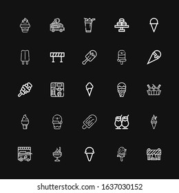 Editable 25 cone icons for web and mobile. Set of cone included icons line Barrier, Ice cream, Ice cream cart, Popsicle, Barricade, Macaron, Ice cream truck on black background
