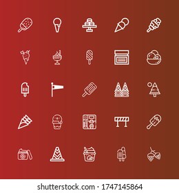 Editable 25 cone icons for web and mobile. Set of cone included icons line Hop, Ice cream, Cone, Cream, Barricade, Pine, Windsock, Popsicle, Macaron on red