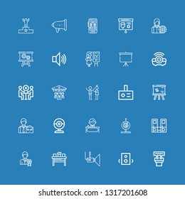 Editable 25 conference icons for web and mobile. Set of conference included icons line Presentation, Speakers, Projector, Table, Businessman, Webcam, Receptionist on blue background