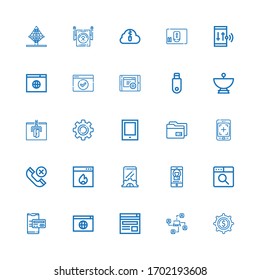 Editable 25 iconos de conexión para web y móvil. El conjunto de conexiones incluía iconos Configuración de línea, Red, Navegador, Smartphone, Configuración, Firewall, Teléfono, Tablet en fondo blanco